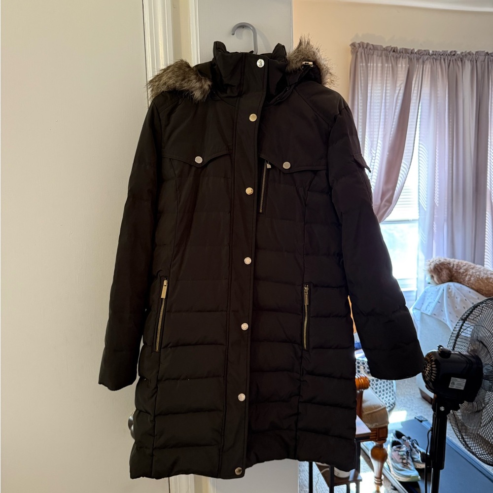 Michael Kors Black Puffer Coat with Faux Fur Hood